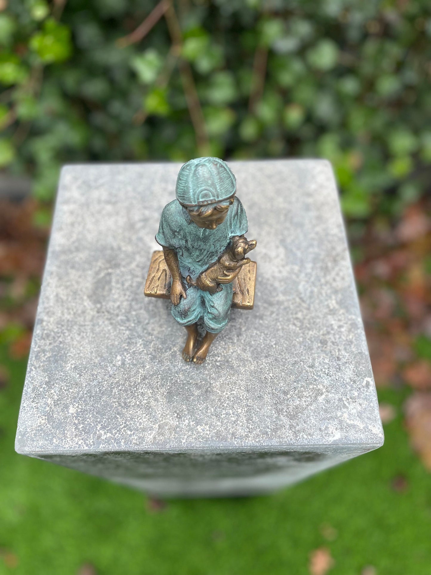 Boy with Puppy – Bronze Sculpture. 8x8x15cm