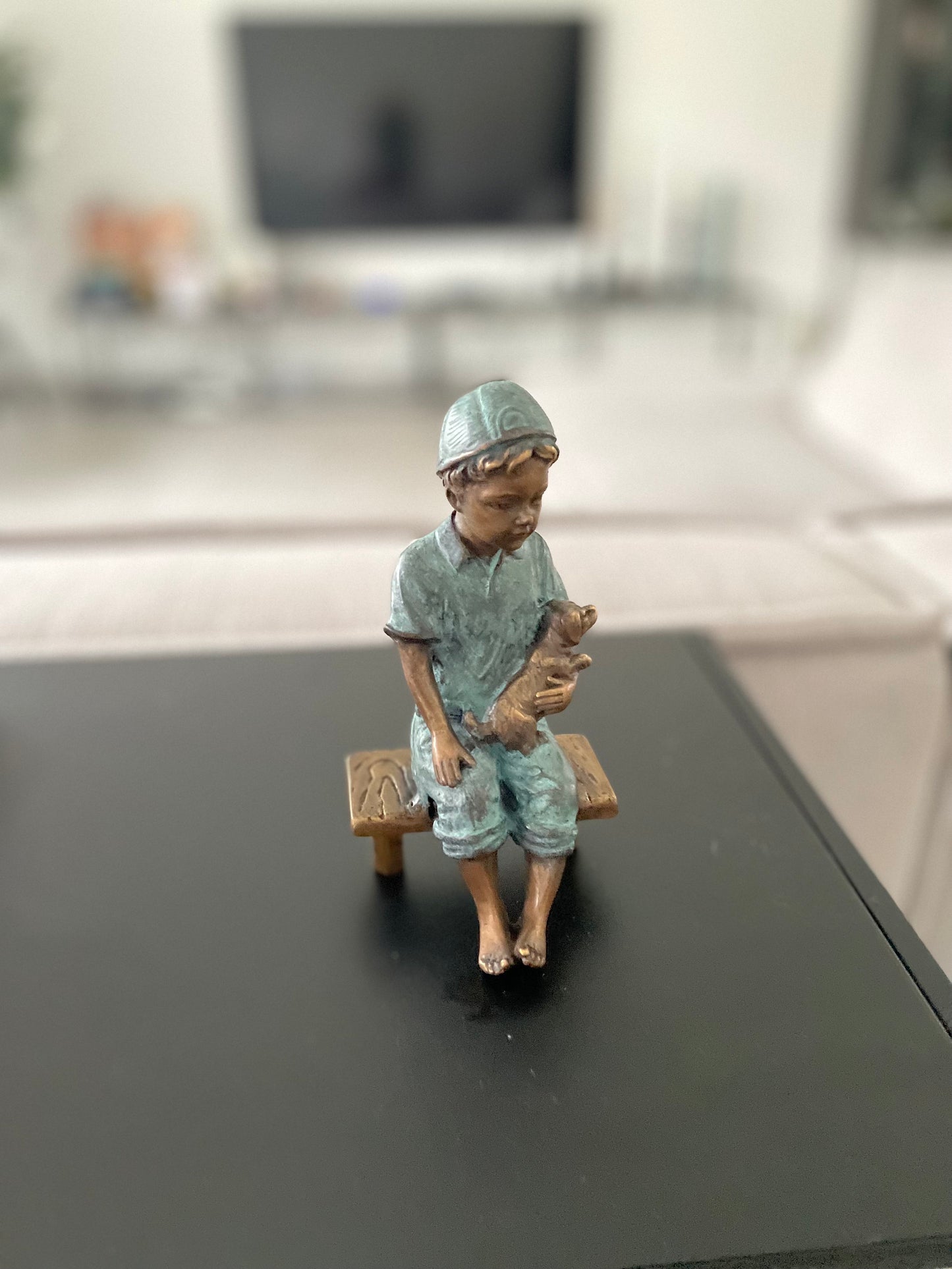 Boy with Puppy – Bronze Sculpture. 8x8x15cm