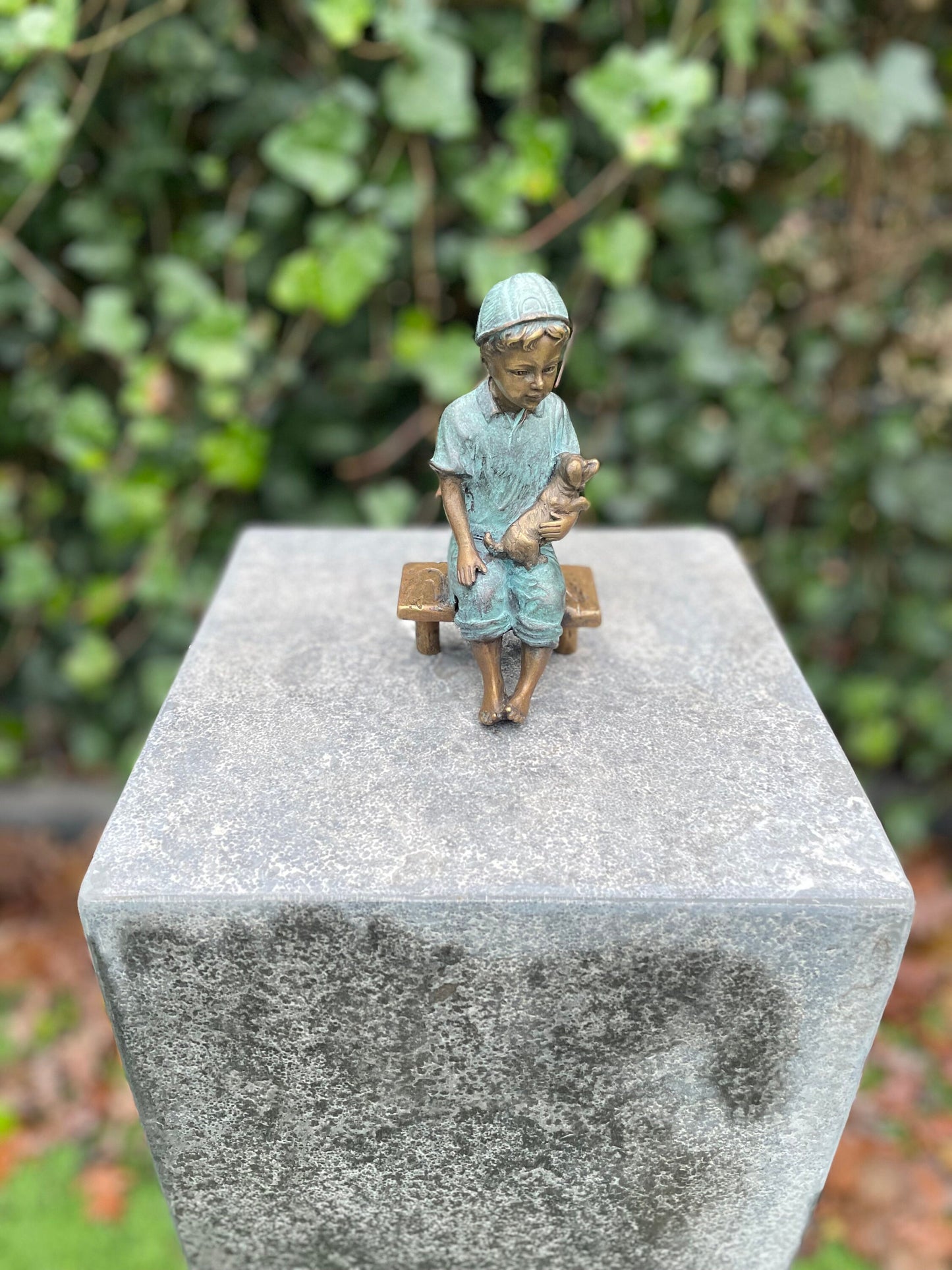 Boy with Puppy – Bronze Sculpture. 8x8x15cm