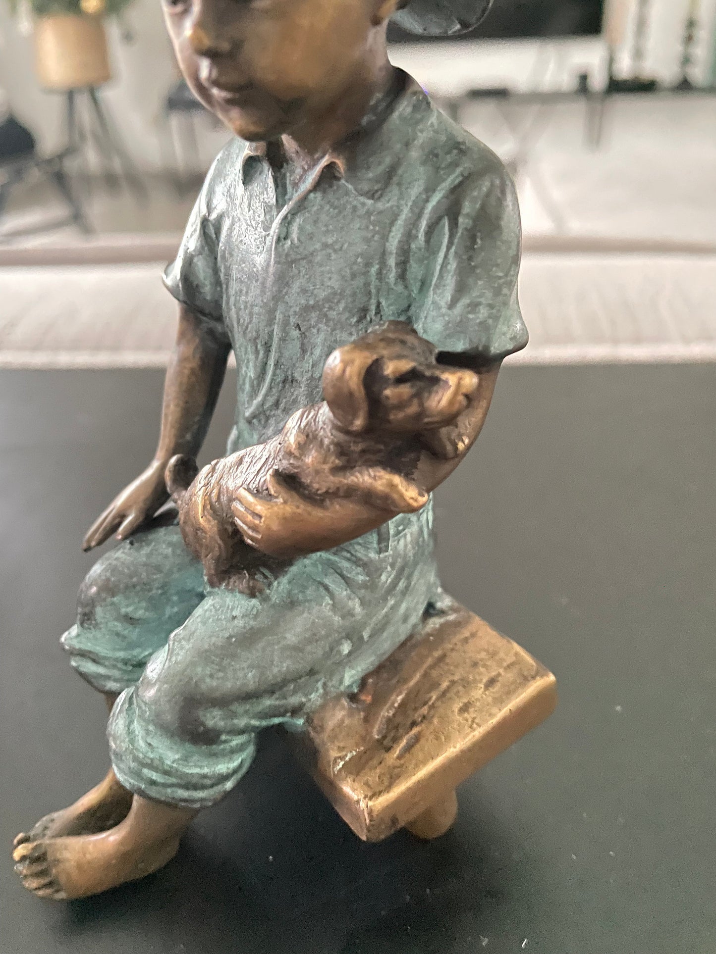 Boy with Puppy – Bronze Sculpture. 8x8x15cm