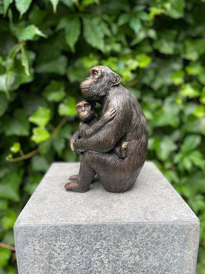 Bronzen aap met baby - chimpansee - 17x8x9cm