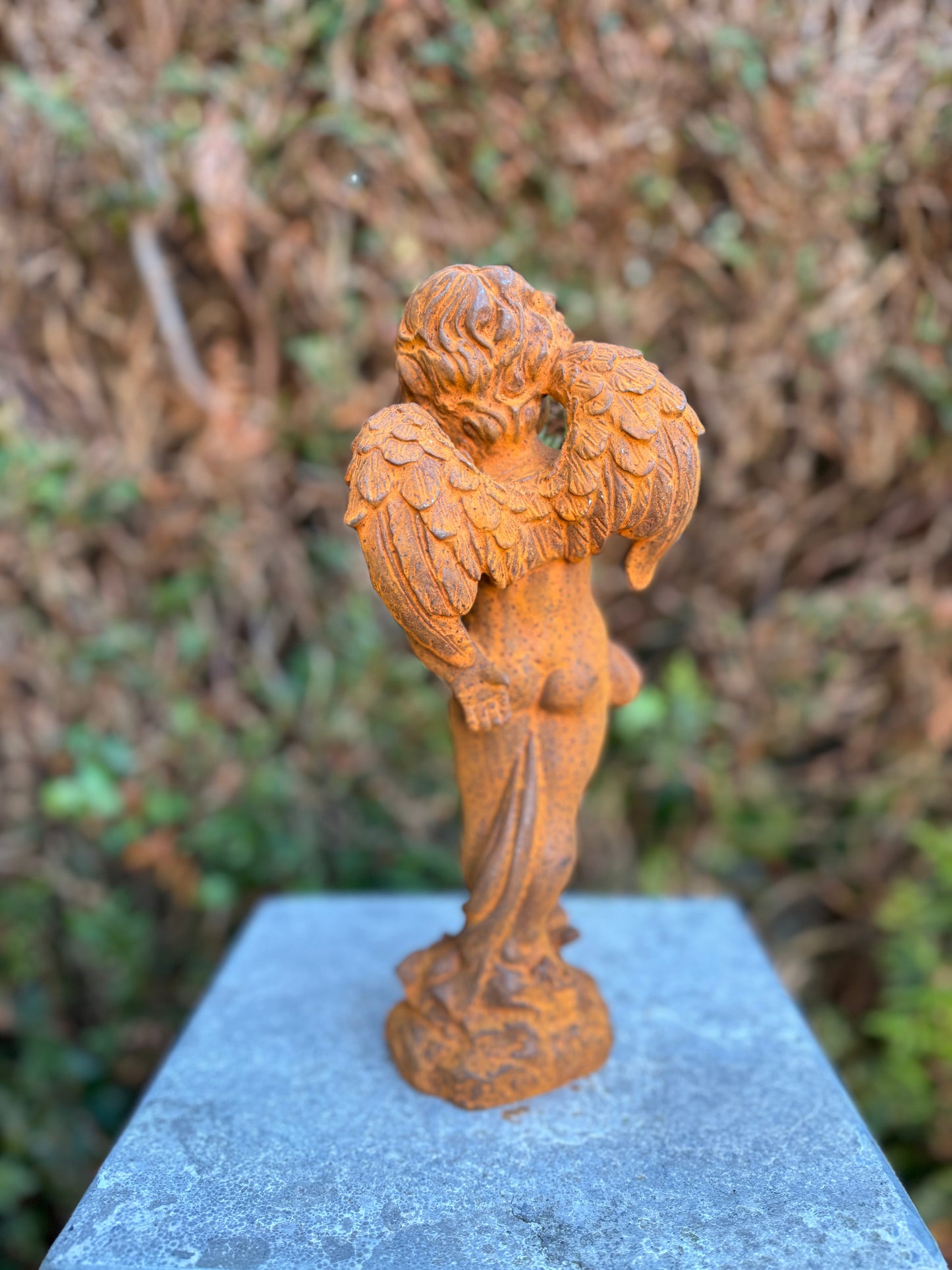 Anjo em ferro fundido enferrujado com borboleta - Decoração de casa e jardim - Interior - Escritório - Enferrujado - 2,5Kg - 28,5x12x10,2 cm