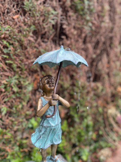 Bronze Girl Under Umbrella Fountain - Garden Decoration