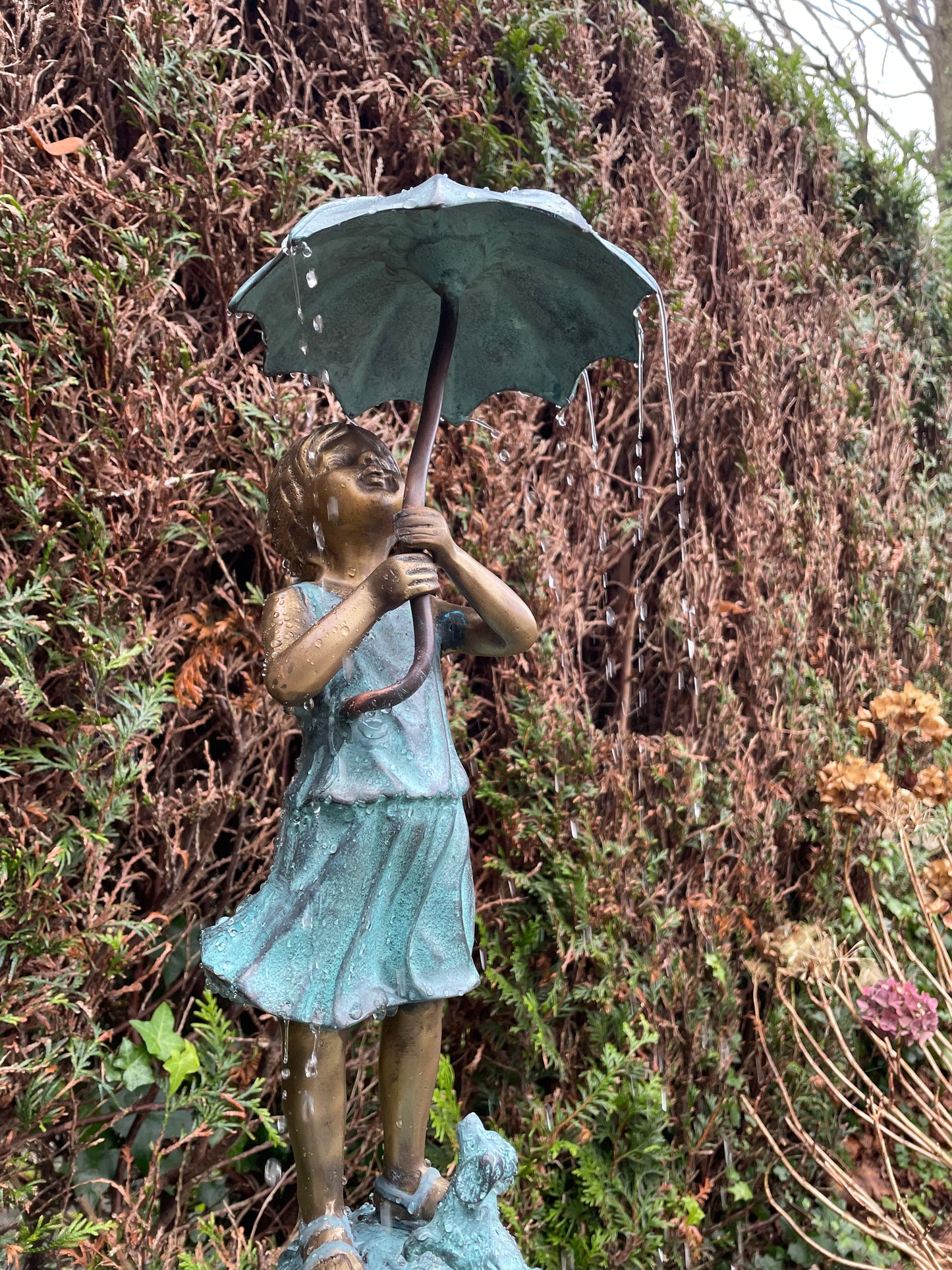 Bronze Girl Under Umbrella Fountain - Garden Decoration