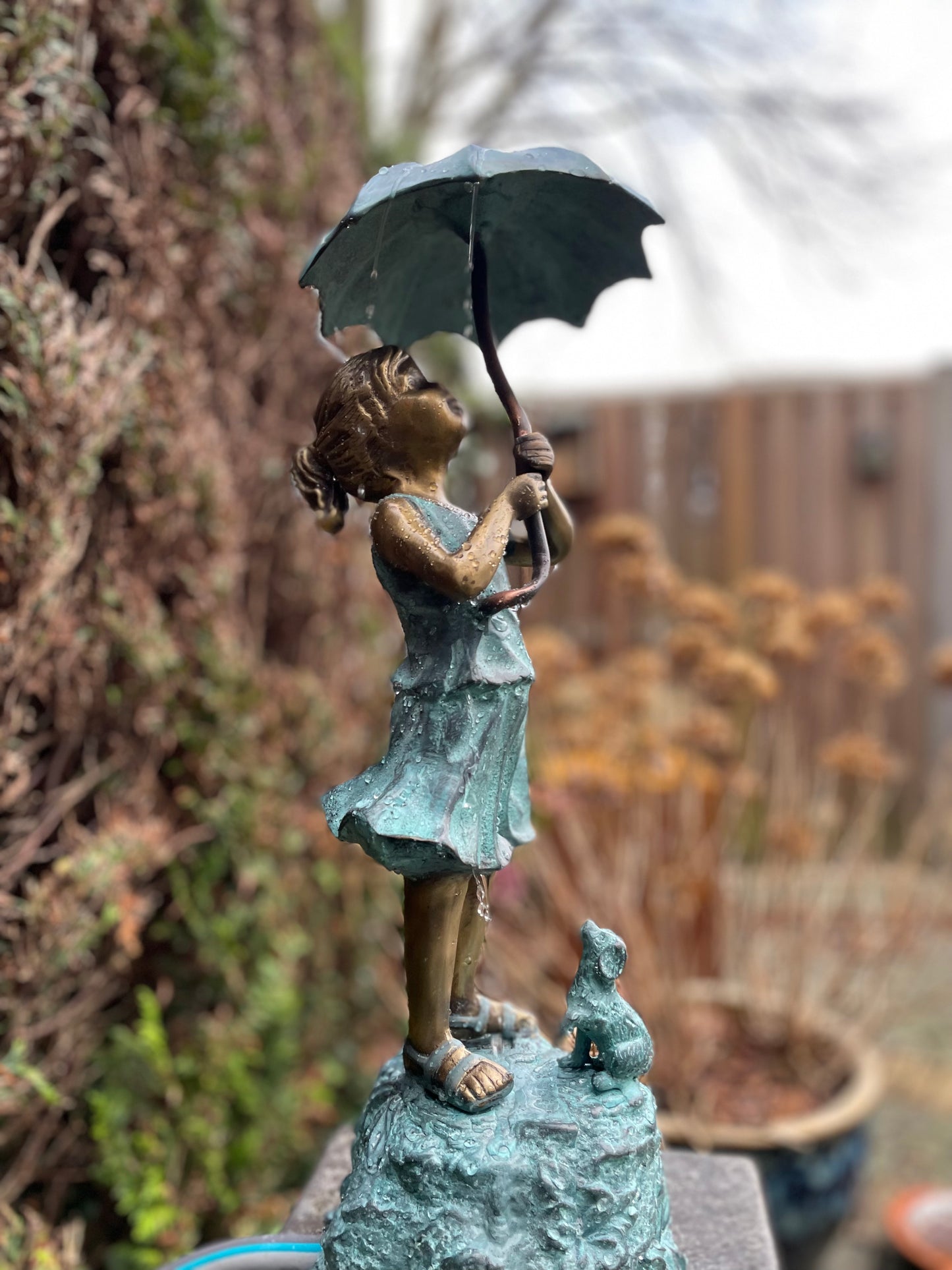 Bronze Girl Under Umbrella Fountain - Garden Decoration