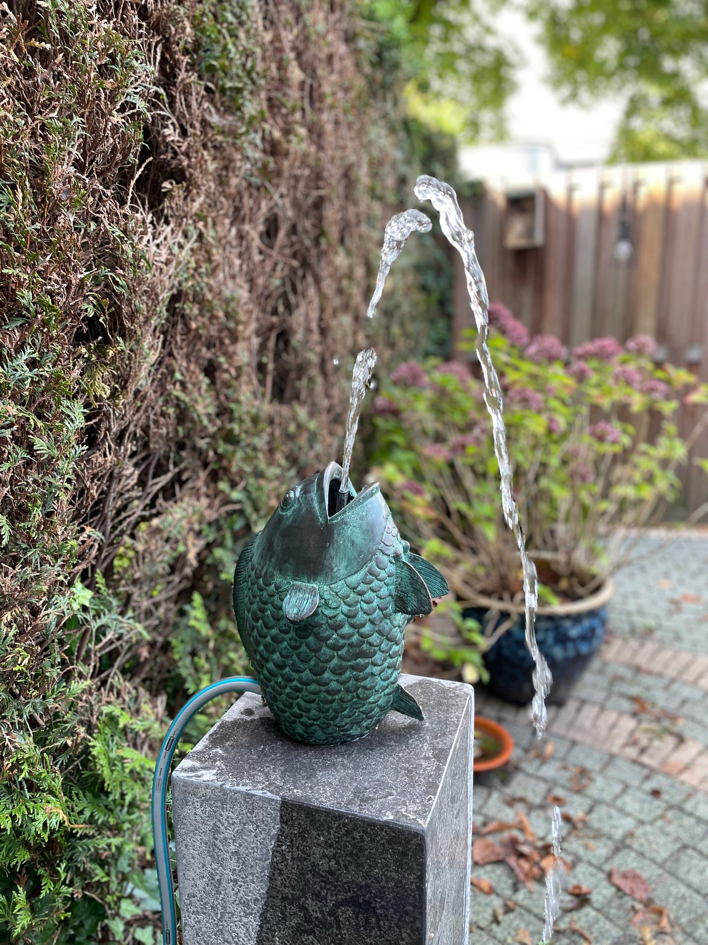 Fountain of a bronze jumping fish - Garden statue - Garden decoration - Pond