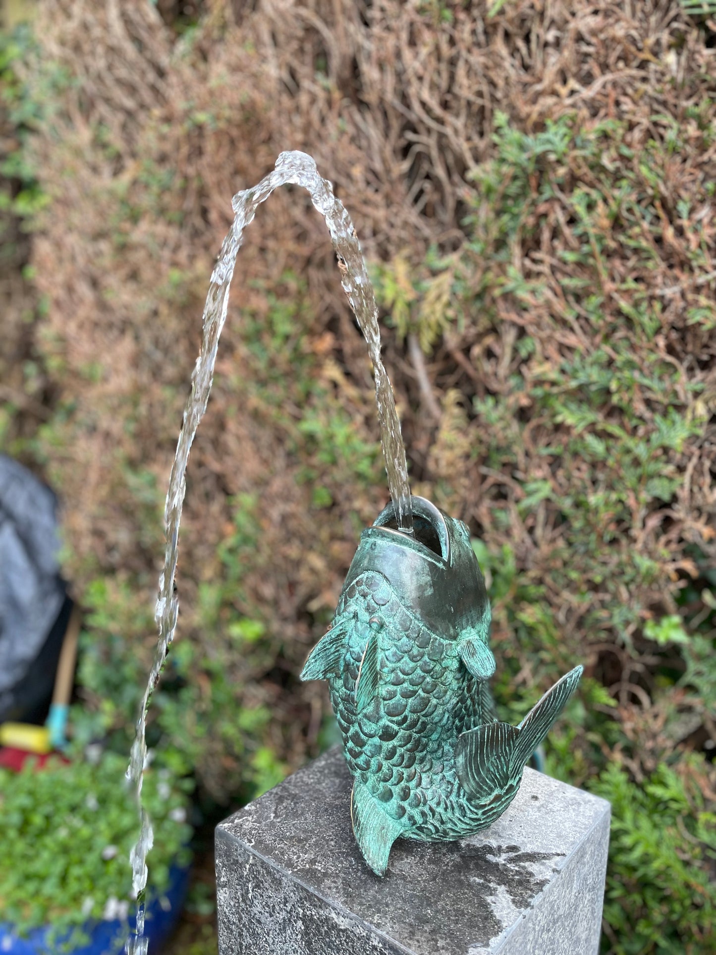 Fontein van een bronzen springende vis - Tuinbeeld - Tuindecoratie - Vijver