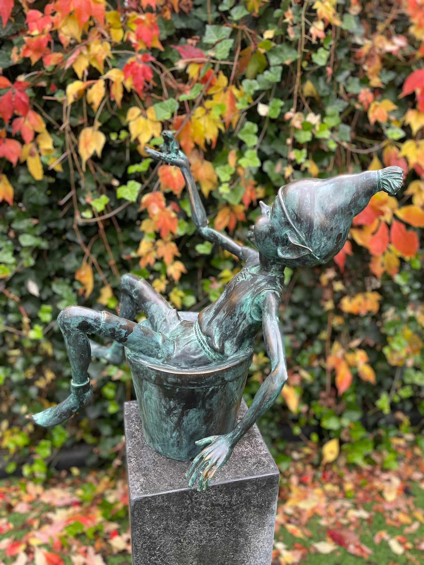 Joyful Elf in Bucket – Bronze Sculpture. 17x15x49cm - 9Kg