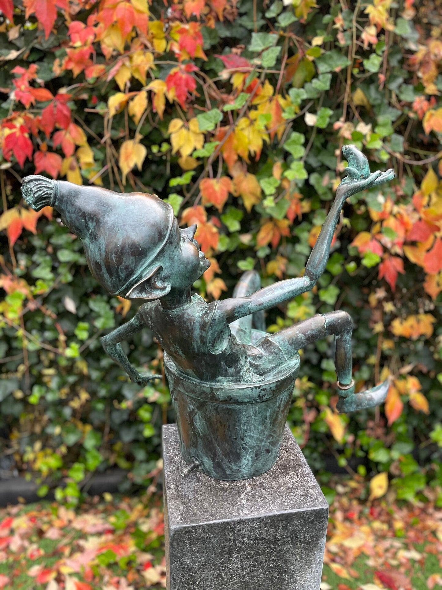 Joyful Elf in Bucket – Bronze Sculpture. 17x15x49cm - 9Kg