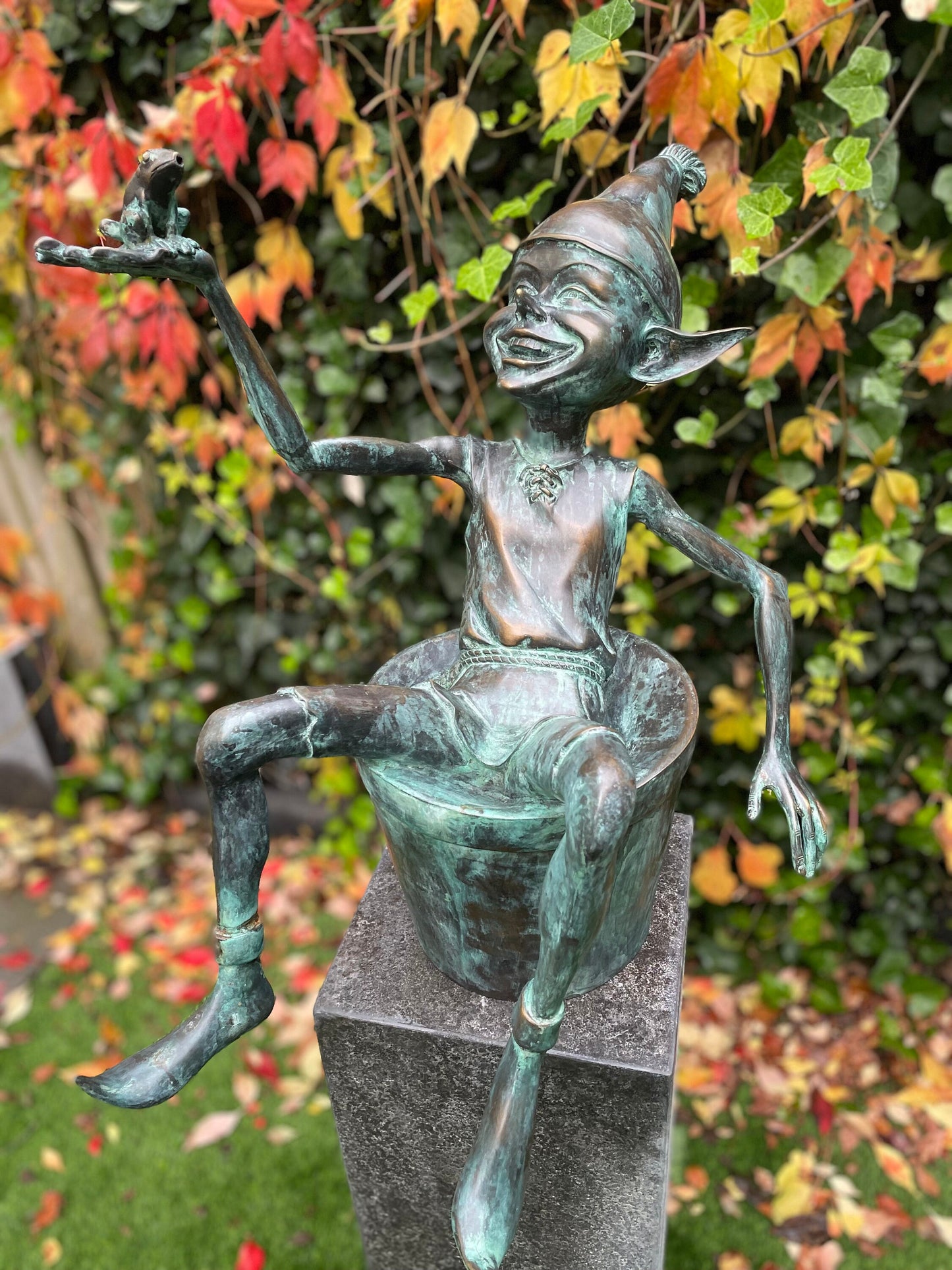 Joyful Elf in Bucket – Bronze Sculpture. 17x15x49cm - 9Kg