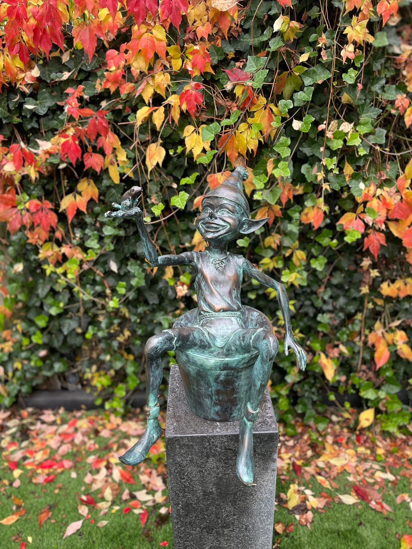 Joyful Elf in Bucket – Bronze Sculpture. 17x15x49cm - 9Kg