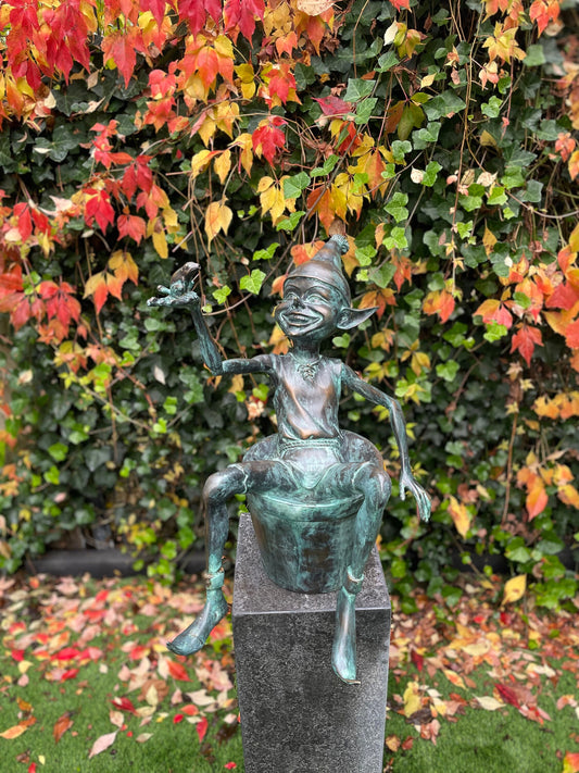 Joyful Elf in Bucket – Bronze Sculpture. 17x15x49cm - 9Kg